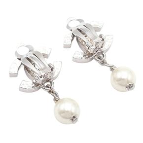 Chanel CC Silver Plated Faux Pearl Drop Clip On Earrings 4