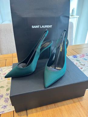 Saint Laurent Dorian Green Satin Heeled Slingback Shoes 7