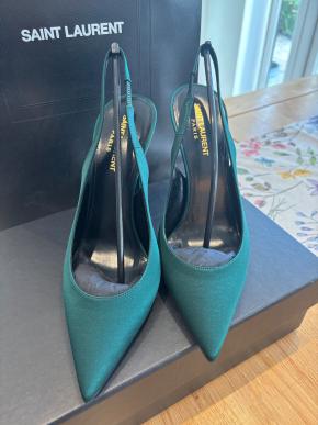 Saint Laurent Dorian Green Satin Heeled Slingback Shoes 3