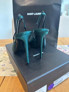 Saint Laurent Dorian Green Satin Heeled Slingback Shoes 4