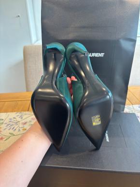 Saint Laurent Dorian Green Satin Heeled Slingback Shoes 5