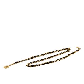 Chanel Black Leather Woven Gold Plated CC Medallion Chain Belt 2