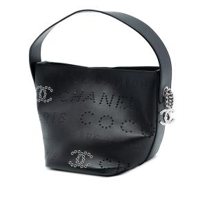 Chanel Black Small Perforated Calfskin Logo Eyelet Bucket Bag 2
