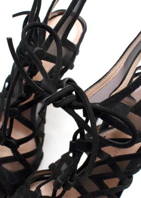 Gianvito Rossi Black Ruffled Lace-Up Sandals 7