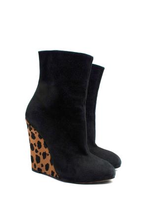 Giuseppe Zanotti Black Suede Wedge Ankle Boots Leopard Print Heel 3