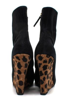 Giuseppe Zanotti Black Suede Wedge Ankle Boots Leopard Print Heel 2