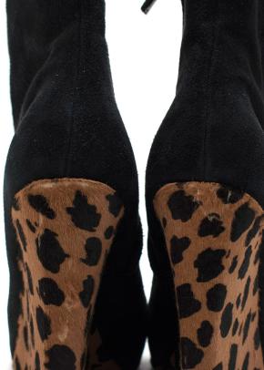 Giuseppe Zanotti Black Suede Wedge Ankle Boots Leopard Print Heel 5