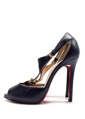 Christian Louboutin Black Leather Peep-Toe T-Strap Heels with Gold Hardware 7