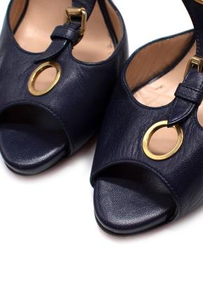 Christian Louboutin Black Leather Peep-Toe T-Strap Heels with Gold Hardware 3