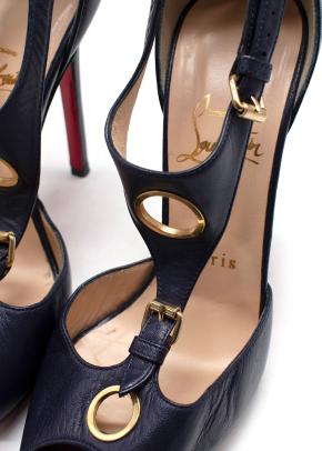 Christian Louboutin Black Leather Peep-Toe T-Strap Heels with Gold Hardware 2
