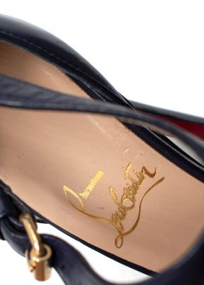 Christian Louboutin Black Leather Peep-Toe T-Strap Heels with Gold Hardware 8