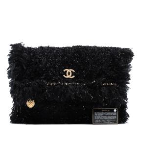Chanel Black Paris Cosmopolite Tweed Fringe Clutch 8