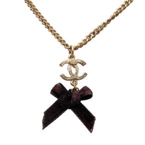 CC Gold Plated Enamel Velvet Bow Pendant Necklace 2