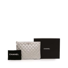 Chanel Silver Medium Quilted Metallic Caviar O Case Clutch 2
