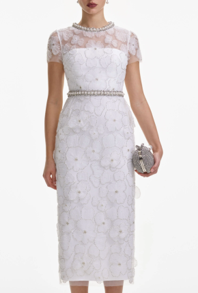 Self Portrait White Embellished Tulle Midi Dress 3