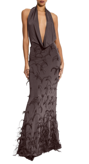 Lapointe Lightweight Jersey Deep Cowl Neck Gown With Feathers 3