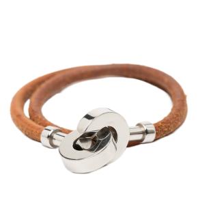 Hermes Tan Palladium Plated and Leather Lancelot Double Tour Bracelet 3