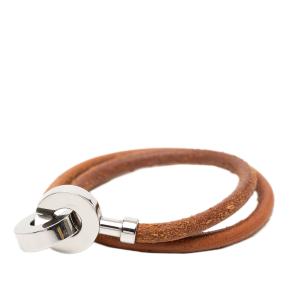 Hermes Tan Palladium Plated and Leather Lancelot Double Tour Bracelet 4