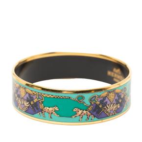 Hermes Green Wide Snow Leopards Enamel Bangle 62 2
