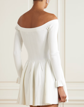 Self-Portrait Off-The-Shoulder Pleated Ribbed-Knit Mini Dress 4