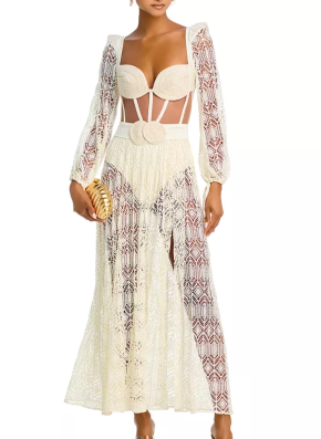 PatBO White Crocheted Corseted Maxi Dress 6