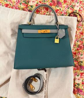 Hermes Malachite And Gris Mouette Togo Leather Kelly 28 7