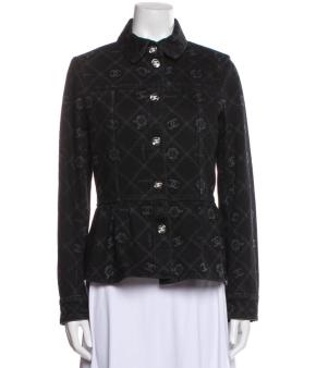 Chanel Black Camelia Denim Button Front Jacket 2