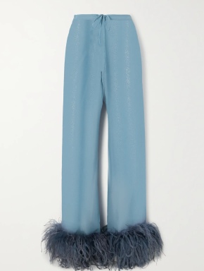 OSÉREE Lumière Feather-Trimmed Glittered Chiffon Straight-Leg Pants 2