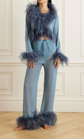 OSÉREE Lumière Feather-Trimmed Glittered Chiffon Straight-Leg Pants 6