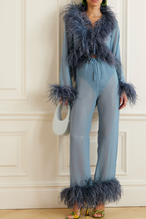 OSÉREE Lumière Feather-Trimmed Glittered Chiffon Straight-Leg Pants 5