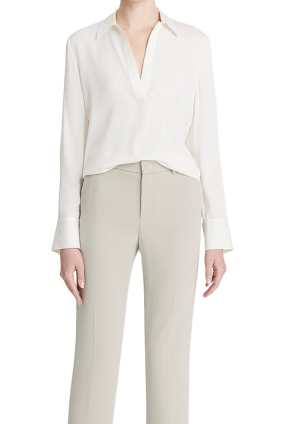 Vince Ivory Stretch-Silk Long-Sleeve Polo Shirt 2