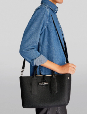 Longchamp Paris Le Roseau Real Leather M Handbag Black Top Handle 4