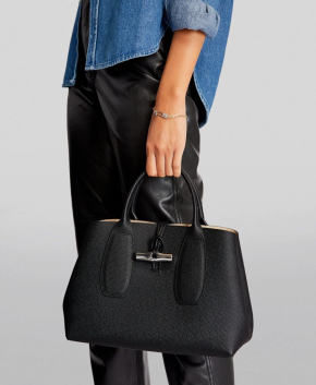 Longchamp Paris Le Roseau Real Leather M Handbag Black Top Handle 5