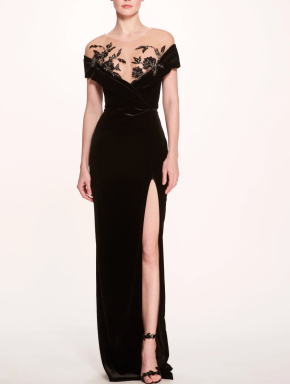 Marchsea Off Shoulder Velvet Embroidered Neck Gown 3
