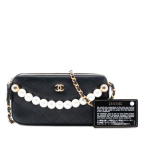Chanel Black Quilted Goatskin Chic Pearls Double Zip Clutch With Chain 8