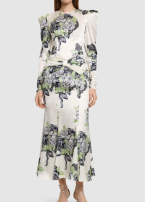 Alessandra Rich Silk Satin Rose Print Midi Dress 2