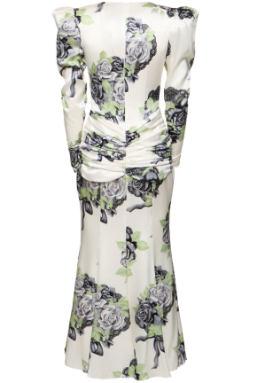 Alessandra Rich Silk Satin Rose Print Midi Dress 4