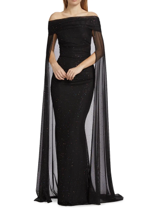 Talbot Runhof Confetti Tulle Off-The-Shoulder Cape Gown 4