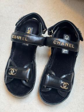 Chanel Quilted Black Leather Logo Velcro Strap Wedge Sandals 2