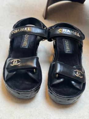 Chanel Quilted Black Leather Logo Velcro Strap Wedge Sandals 3