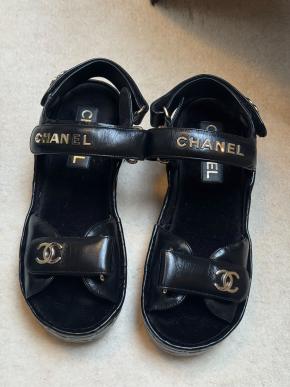 Chanel Quilted Black Leather Logo Velcro Strap Wedge Sandals 4