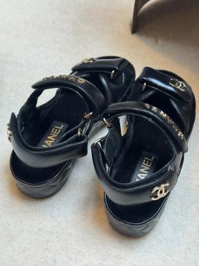 Chanel Quilted Black Leather Logo Velcro Strap Wedge Sandals 5