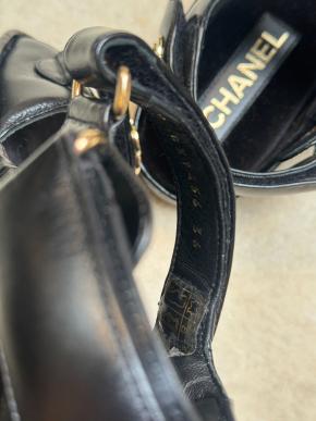 Chanel Quilted Black Leather Logo Velcro Strap Wedge Sandals 6