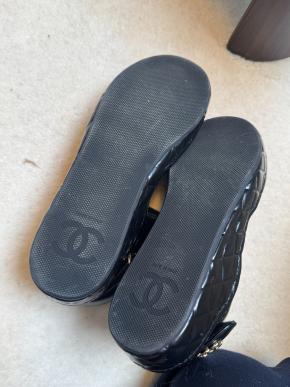 Chanel Quilted Black Leather Logo Velcro Strap Wedge Sandals 7