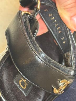 Chanel Quilted Black Leather Logo Velcro Strap Wedge Sandals 8