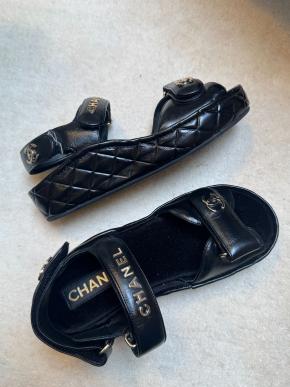 Chanel Quilted Black Leather Logo Velcro Strap Wedge Sandals 9