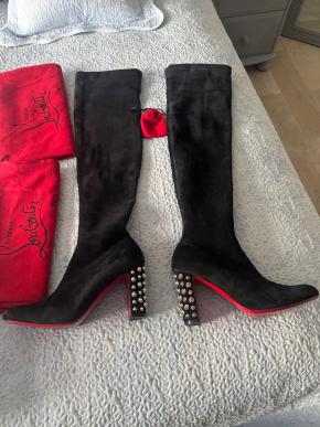 Louboutin Embellished Heel Long Stretch Suede Boots 3