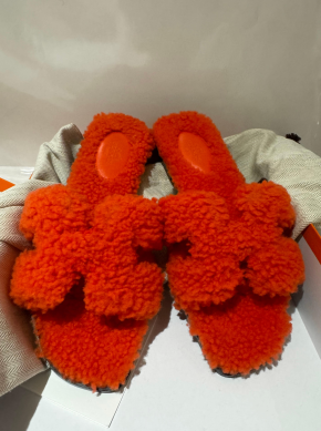 Hermes Orange Shearling Oran Sandals 5