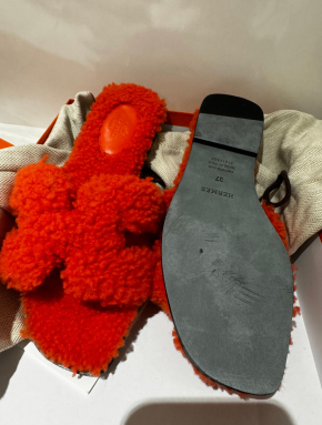 Hermes Orange Shearling Oran Sandals 4