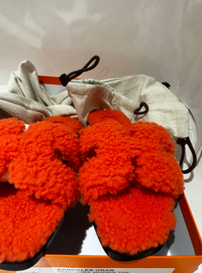 Hermes Orange Shearling Oran Sandals 2